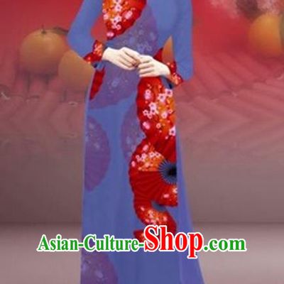 Traditional Top Grade Asian Vietnamese Costumes Classical New Year Printing Cheongsam, Vietnam National Dusty Blue Ao Dai Dress for Women