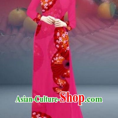 Traditional Top Grade Asian Vietnamese Costumes Classical New Year Printing Cheongsam, Vietnam National Rosy Ao Dai Dress for Women