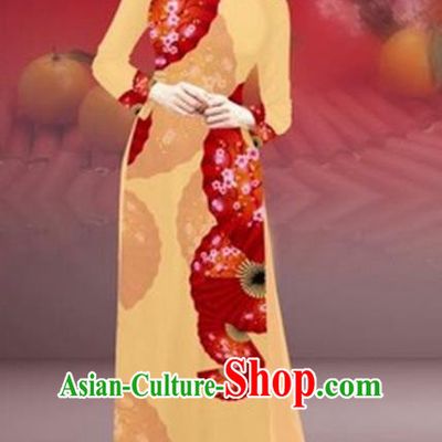 Traditional Top Grade Asian Vietnamese Costumes Classical New Year Printing Cheongsam, Vietnam National Yellow Ao Dai Dress for Women