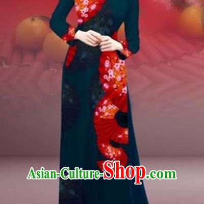 Traditional Top Grade Asian Vietnamese Costumes Classical New Year Printing Cheongsam, Vietnam National Peacock Blue Ao Dai Dress for Women