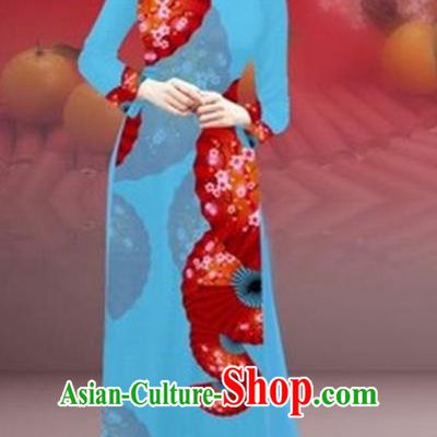 Traditional Top Grade Asian Vietnamese Costumes Classical New Year Printing Cheongsam, Vietnam National Blue Ao Dai Dress for Women
