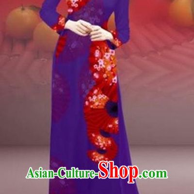 Traditional Top Grade Asian Vietnamese Costumes Classical New Year Printing Cheongsam, Vietnam National Purple Ao Dai Dress for Women