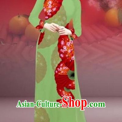Traditional Top Grade Asian Vietnamese Costumes Classical New Year Printing Cheongsam, Vietnam National Green Ao Dai Dress for Women