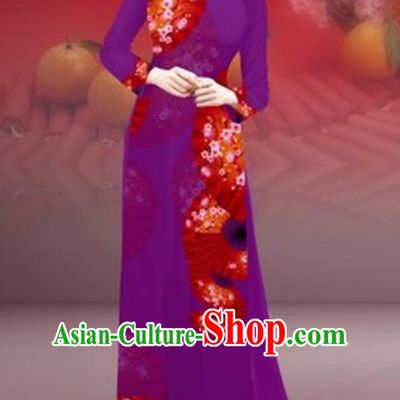 Traditional Top Grade Asian Vietnamese Costumes Classical New Year Printing Cheongsam, Vietnam National Amaranth Ao Dai Dress for Women