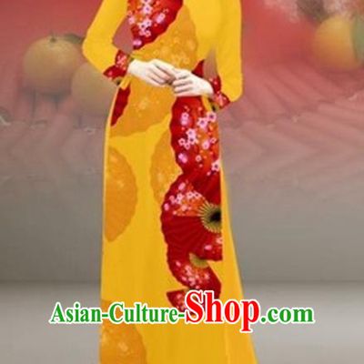 Traditional Top Grade Asian Vietnamese Costumes Classical New Year Printing Cheongsam, Vietnam National Bright Yellow Ao Dai Dress for Women