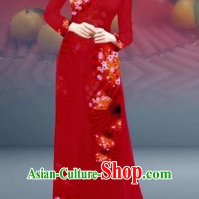 Traditional Top Grade Asian Vietnamese Costumes Classical New Year Printing Cheongsam, Vietnam National Red Ao Dai Dress for Women