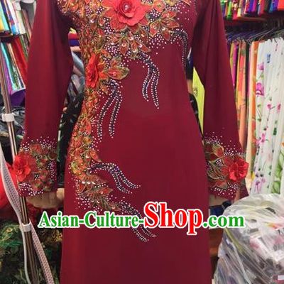 Traditional Top Grade Asian Vietnamese Costumes Classical Embroidering Flower Cheongsam, Vietnam National Red Ao Dai Dress for Women