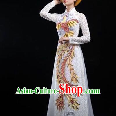 Traditional Top Grade Asian Vietnamese Costumes Classical Embroidering Phoenix Cheongsam, Vietnam National Wedding Bride Ao Dai Dress for Women