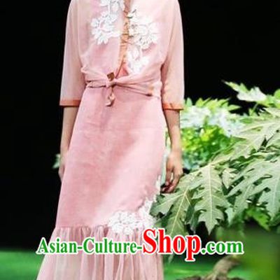 Traditional Top Grade Asian Vietnamese Costumes Classical Embroidery Cheongsam, Vietnam National Wedding Bride Pink Ao Dai Dress for Women