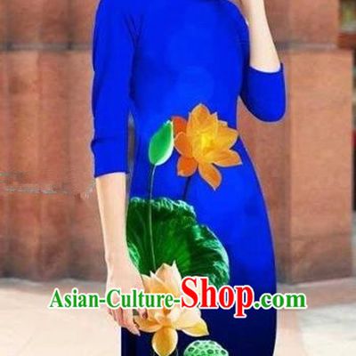 Traditional Top Grade Asian Vietnamese Costumes Classical Printing Lotus Cheongsam, Vietnam National Royalblue Short Ao Dai Dress for Women
