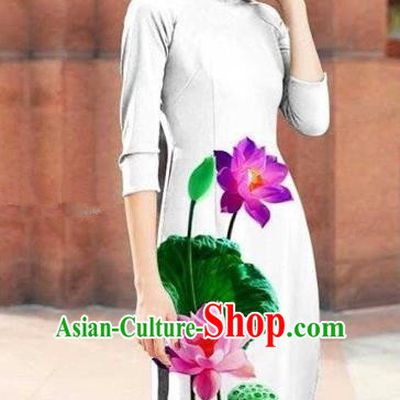 Traditional Top Grade Asian Vietnamese Costumes Classical Printing Lotus Cheongsam, Vietnam National White Short Ao Dai Dress for Women
