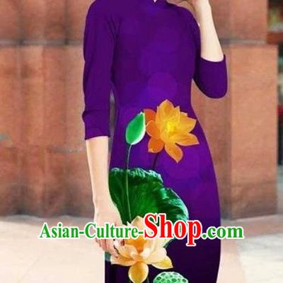 Traditional Top Grade Asian Vietnamese Costumes Classical Printing Lotus Cheongsam, Vietnam National Purple Short Ao Dai Dress for Women