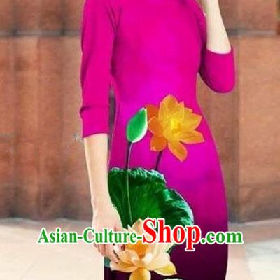 Traditional Top Grade Asian Vietnamese Costumes Classical Printing Lotus Cheongsam, Vietnam National Rosy Short Ao Dai Dress for Women