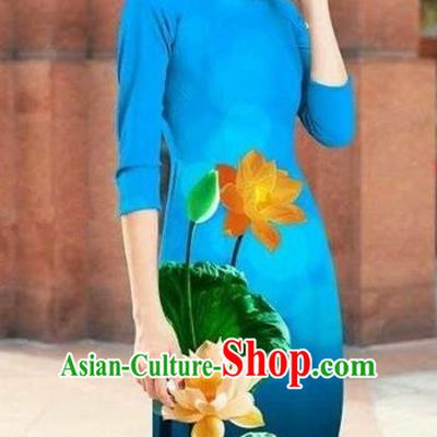 Traditional Top Grade Asian Vietnamese Costumes Classical Printing Lotus Cheongsam, Vietnam National Blue Short Ao Dai Dress for Women