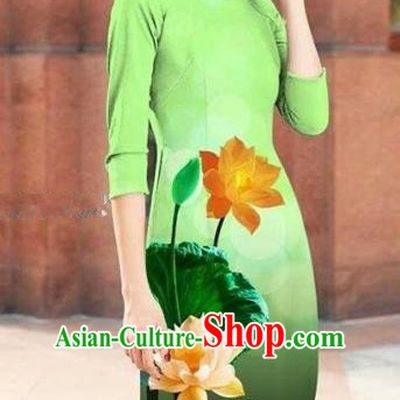 Traditional Top Grade Asian Vietnamese Costumes Classical Printing Lotus Cheongsam, Vietnam National Light Green Short Ao Dai Dress for Women