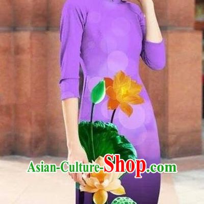 Traditional Top Grade Asian Vietnamese Costumes Classical Printing Lotus Cheongsam, Vietnam National Light Violet Short Ao Dai Dress for Women