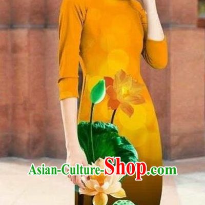 Traditional Top Grade Asian Vietnamese Costumes Classical Printing Lotus Cheongsam, Vietnam National Ginger Short Ao Dai Dress for Women