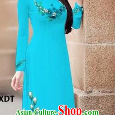Traditional Top Grade Asian Vietnamese Costumes Classical Princess Printing Flowers Cheongsam, Vietnam National Ao Dai Dress Lake Blue Full Dress for Women