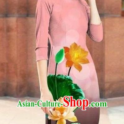 Traditional Top Grade Asian Vietnamese Costumes Classical Printing Lotus Cheongsam, Vietnam National Pink Short Ao Dai Dress for Women