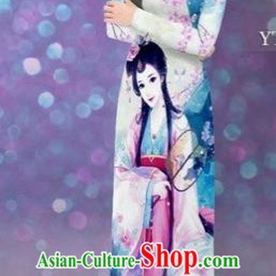Traditional Top Grade Asian Vietnamese Costumes Classical Printing Beauty Cheongsam, Vietnam National Blue Ao Dai Dress for Women