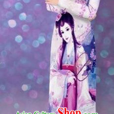 Traditional Top Grade Asian Vietnamese Costumes Classical Printing Beauty Cheongsam, Vietnam National Lilac Ao Dai Dress for Women