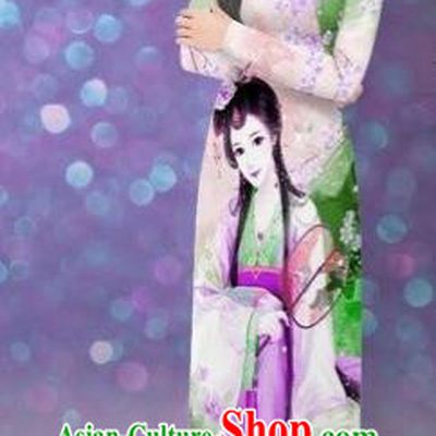 Traditional Top Grade Asian Vietnamese Costumes Classical Printing Beauty Cheongsam, Vietnam National Ao Dai Dress for Women