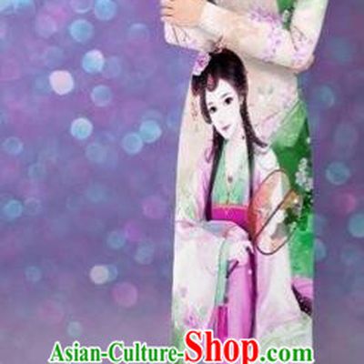 Traditional Top Grade Asian Vietnamese Costumes Classical Printing Beauty Cheongsam, Vietnam National Ao Dai Dress for Women