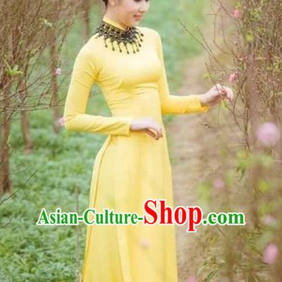 Traditional Top Grade Asian Vietnamese Costumes Classical Wedding Bride Cheongsam, Vietnam National Yellow Ao Dai Dress for Women