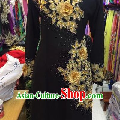 Traditional Top Grade Asian Vietnamese Costumes Classical Wedding Bride Beading Cheongsam, Vietnam National Black Ao Dai Dress for Women