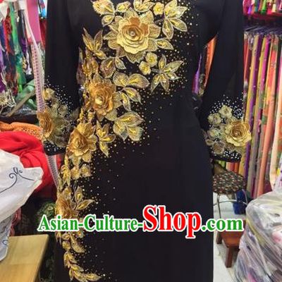 Traditional Top Grade Asian Vietnamese Costumes Classical Wedding Bride Beading Cheongsam, Vietnam National Black Ao Dai Dress for Women