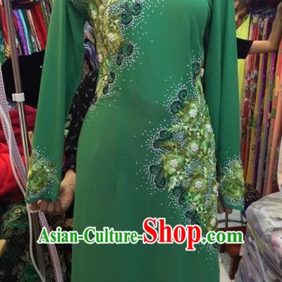Traditional Top Grade Asian Vietnamese Costumes Classical Wedding Bride Embroidery Beading Cheongsam, Vietnam National Green Ao Dai Dress for Women