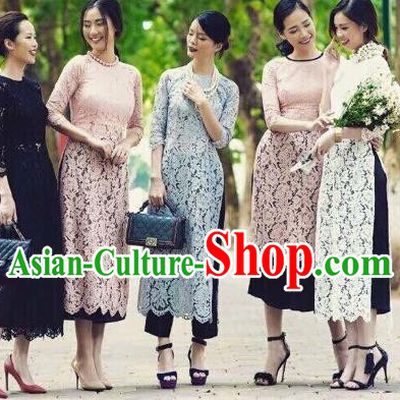 Traditional Top Grade Asian Vietnamese Costumes Classical Wedding Bride Lace Cheongsam, Vietnam National Ao Dai Dress for Women