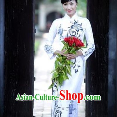 Traditional Top Grade Asian Vietnamese Costumes Classical Wedding Bride Printing Cheongsam, Vietnam National White Ao Dai Dress for Women