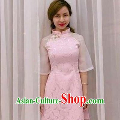 Traditional Top Grade Asian Vietnamese Costumes Classical Wedding Bride Pink Cheongsam, Vietnam National Ao Dai Dress for Women