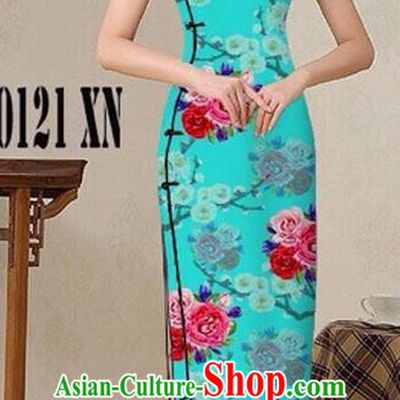 Traditional Top Grade Chinese Costumes Classical Catwalks Printing Princess Cheongsam, China National Blue Chi-pao Dress for Women