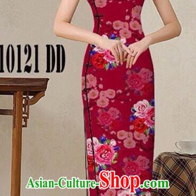 Traditional Top Grade Chinese Costumes Classical Catwalks Printing Princess Cheongsam, China National Wine Red Chi-pao Dress for Women