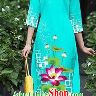 Traditional Top Grade Asian Vietnamese Costumes Classical Catwalks Printing Lotus Cheongsam, Vietnam National Light Blue Ao Dai Dress for Women
