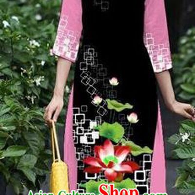 Traditional Top Grade Asian Vietnamese Costumes Classical Catwalks Printing Lotus Cheongsam, Vietnam National Black Ao Dai Dress for Women