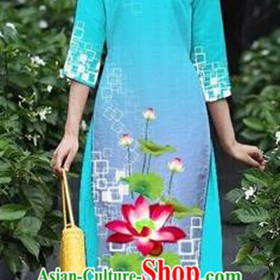 Traditional Top Grade Asian Vietnamese Costumes Classical Catwalks Printing Lotus Cheongsam, Vietnam National Lake Blue Ao Dai Dress for Women