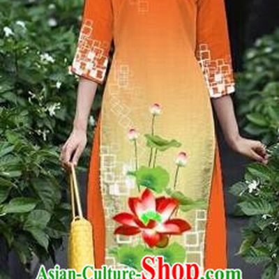 Traditional Top Grade Asian Vietnamese Costumes Classical Catwalks Printing Lotus Cheongsam, Vietnam National Orange Ao Dai Dress for Women