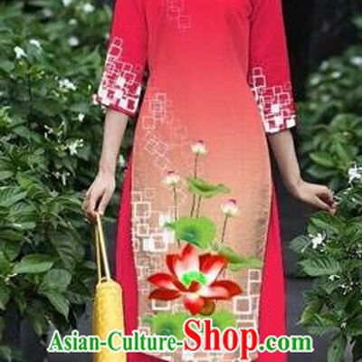 Traditional Top Grade Asian Vietnamese Costumes Classical Catwalks Printing Lotus Cheongsam, Vietnam National Red Ao Dai Dress for Women
