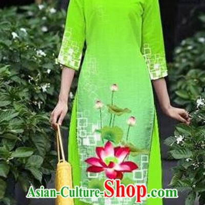 Traditional Top Grade Asian Vietnamese Costumes Classical Catwalks Printing Lotus Cheongsam, Vietnam National Green Ao Dai Dress for Women