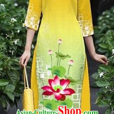 Traditional Top Grade Asian Vietnamese Costumes Classical Catwalks Printing Lotus Cheongsam, Vietnam National Yellow Ao Dai Dress for Women