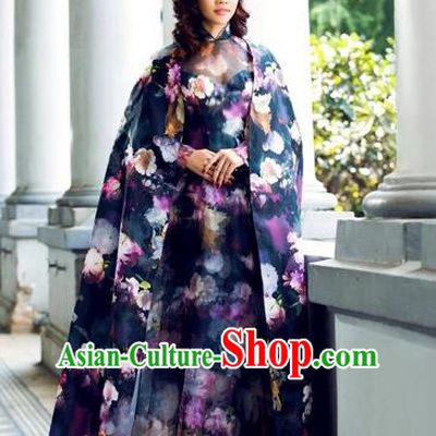 Traditional Top Grade Asian Vietnamese Costumes Classical Catwalks Cheongsam with Cloak, Vietnam National Grey Ao Dai Dress for Women