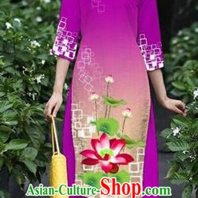 Traditional Top Grade Asian Vietnamese Costumes Classical Catwalks Printing Lotus Cheongsam, Vietnam National Amaranth Ao Dai Dress for Women
