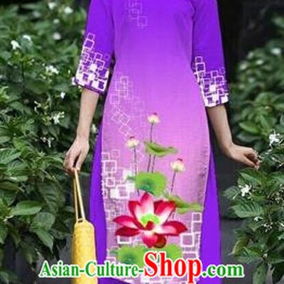 Traditional Top Grade Asian Vietnamese Costumes Classical Catwalks Printing Lotus Cheongsam, Vietnam National Purple Ao Dai Dress for Women