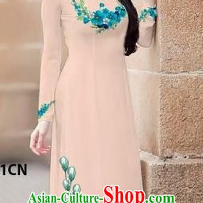Traditional Top Grade Asian Vietnamese Costumes Classical Princess Printing Flowers Cheongsam, Vietnam National Ao Dai Dress Fleshcolor Full Dress for Women