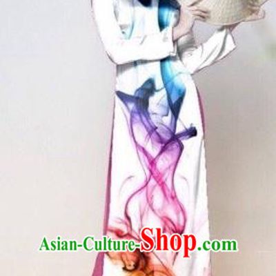 Traditional Top Grade Asian Vietnamese Costumes Classical Catwalks Printing Cheongsam, Vietnam National Princess White Ao Dai Dress for Women