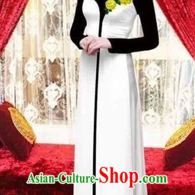Traditional Top Grade Asian Vietnamese Costumes Classical Wedding Bride Toast Cheongsam, Vietnam National Princess Matching White Printing  Ao Dai Dress for Women