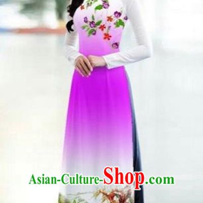 Traditional Top Grade Asian Vietnamese Costumes Classical Printing Bride Toast Cheongsam, Vietnam National Princess Rosy Ao Dai Dress for Women
